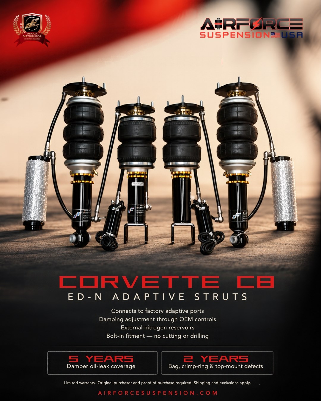 Airforce Suspension USA Corvette C8 adaptive struts campaign with product features and warranty details