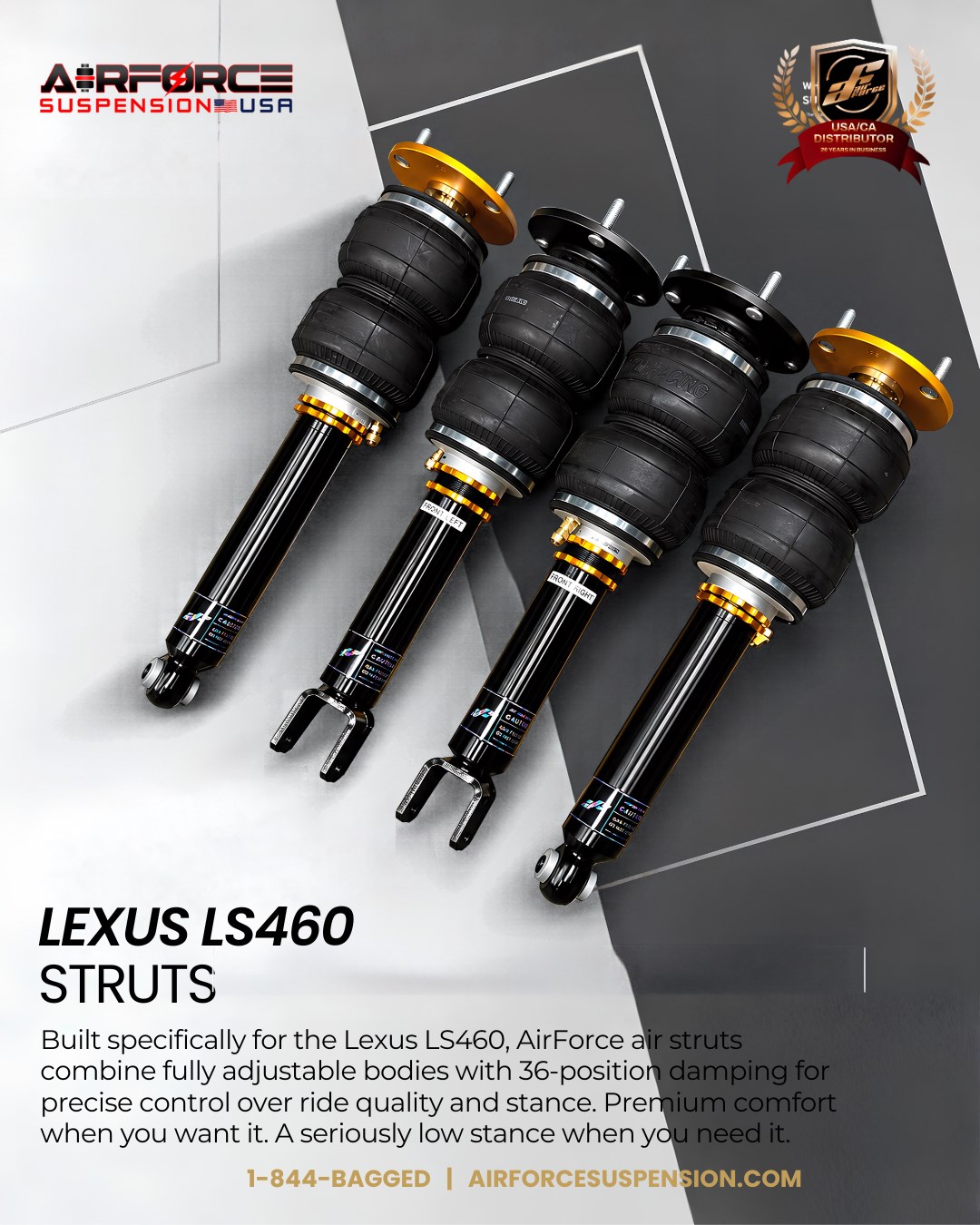 Lexus LS460 strut set on a geometric silver and charcoal background