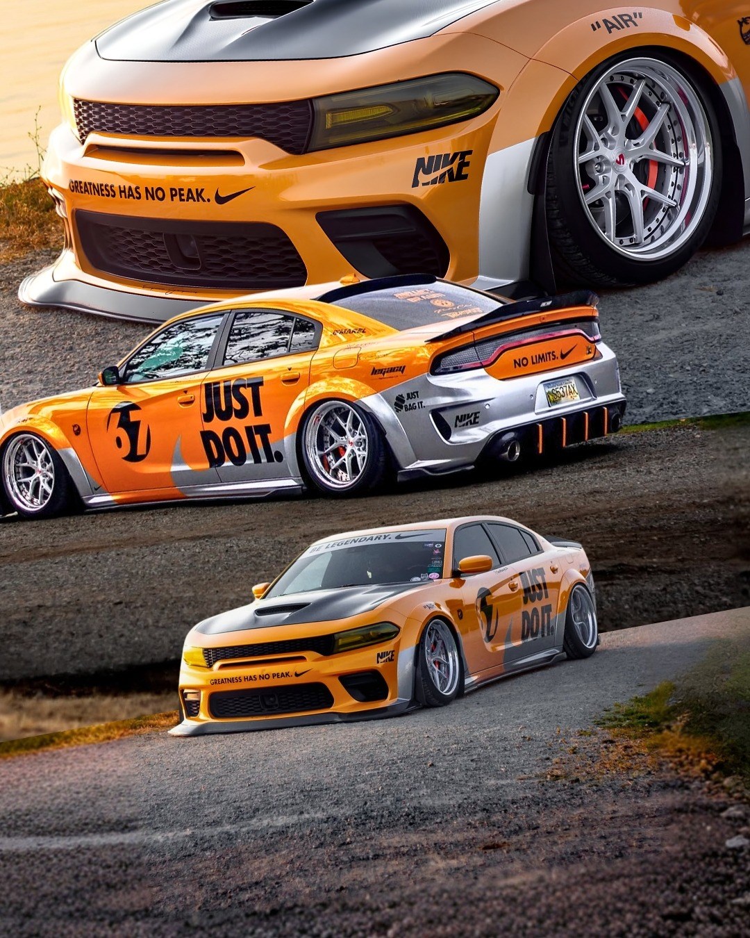 Orange Dodge Charger three-view automotive collage with vehicle decals