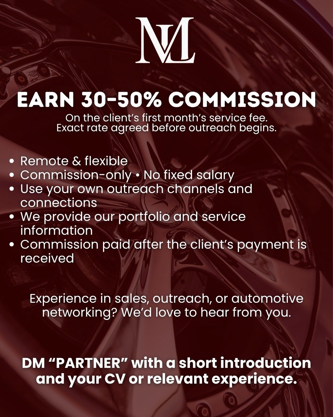 Motorloom recruitment campaign slide 2: commission terms and partner details