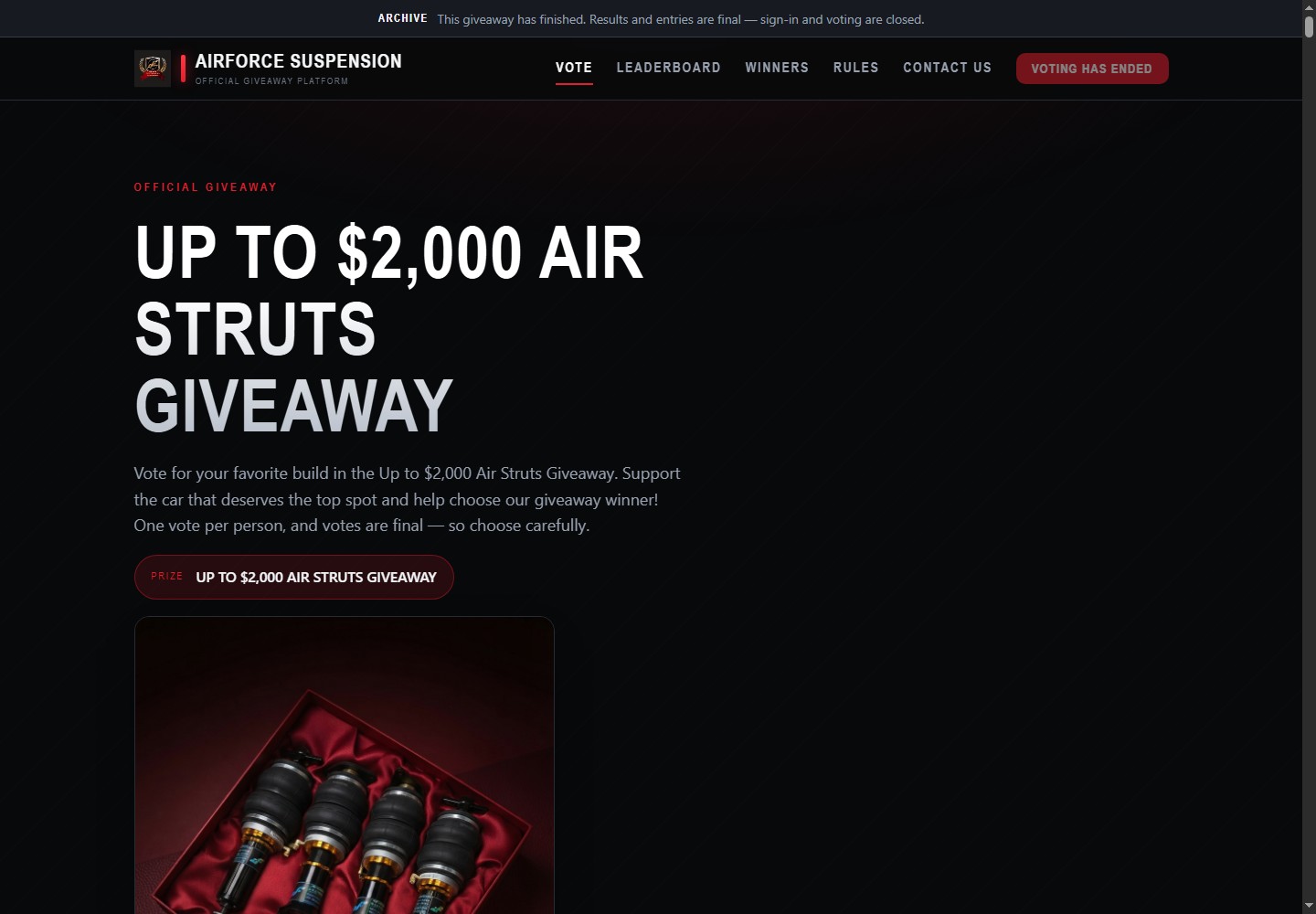 Desktop Giveaway archive homepage showing the final status and prize presentation