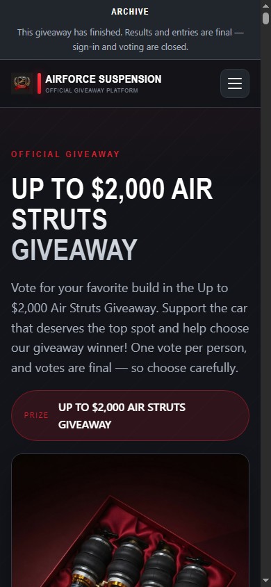 Mobile Giveaway archive homepage showing the final status and prize presentation