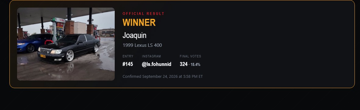 Desktop Confirmed giveaway winner Joaquin and the winning Lexus LS 400, as published in the archive