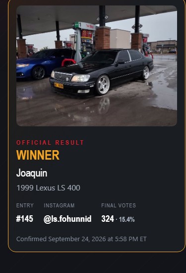 Mobile Confirmed giveaway winner Joaquin and the winning Lexus LS 400, as published in the archive